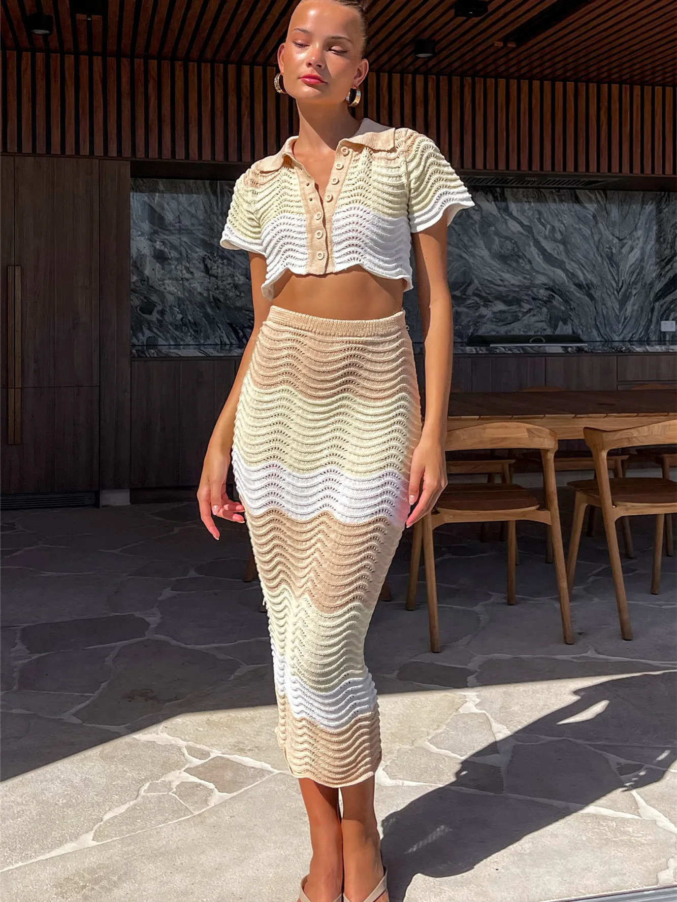 Women Crochet Knitted Skirts Set Hollow Out Lace up Swimsuit Cover Ups 2Pcs Knitted Outfits Set Swim Beachwear 240809