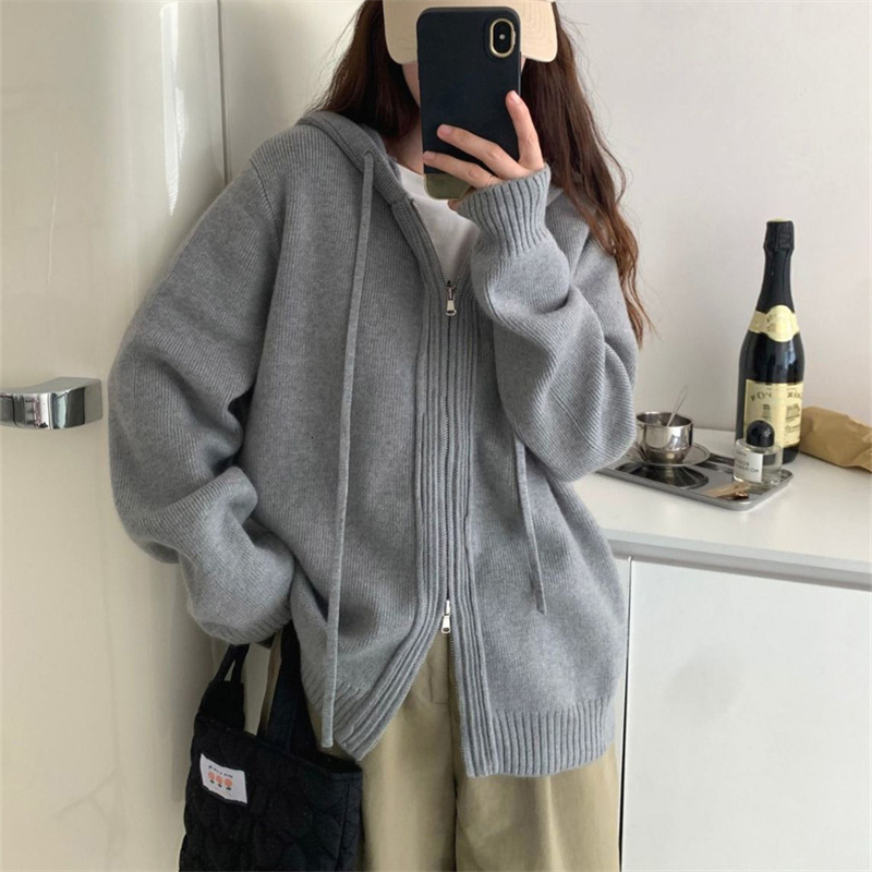 Womens Hooded Sweater Top Small Early Autumn Style New Autumn and Winter Jacket Solid Color Cardigan Womens Knitted