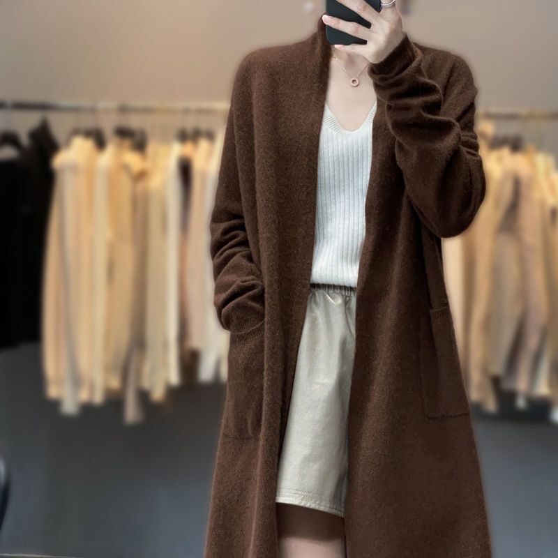 Autumn and Winter Loose Long Knitted Cardigan Womens Korean Casual Lazy Style Over the Knee V-neck Thick Soft and Sticky Sweater Jacket