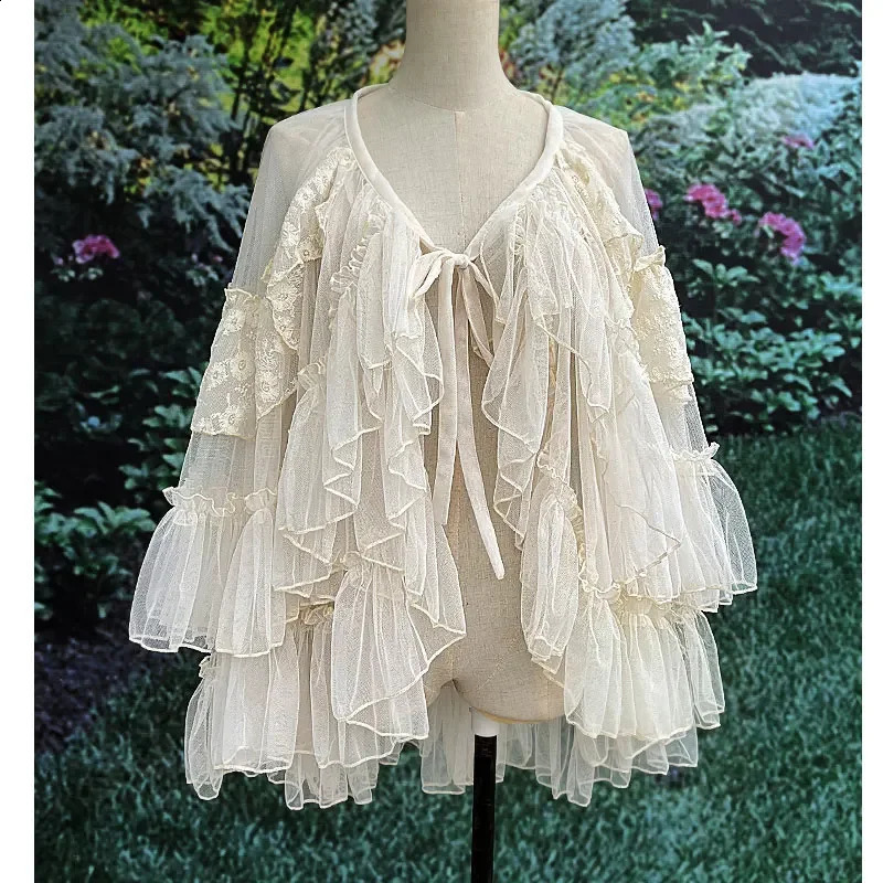 Double Layered Lolita Waist Curtain Sheer Cover Up High Low Skirt w. Asymmetrical Ruffles 240809