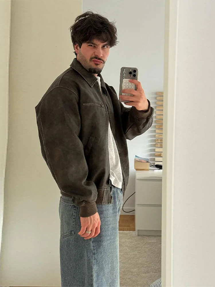 Chic Male Lapel Zipper Pu Leather Jacket Autumn Winter High Quality Warm Coat Mens Fashion Long Sleeve Pocket Outcoats 240809