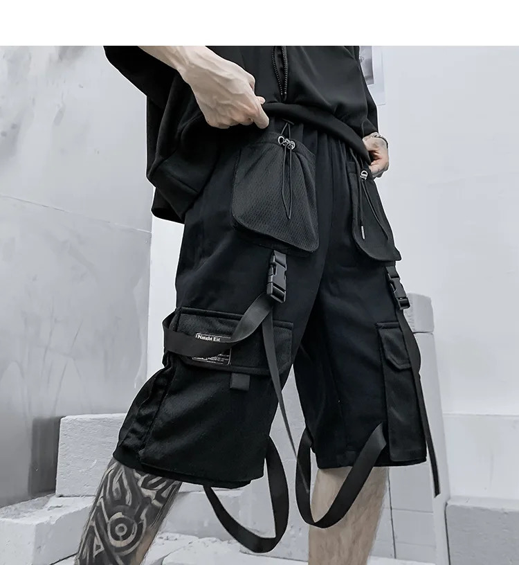 Men summer ribbons hip hop cargo shorts casual streetwear shorts mens harajuku punk short pants bermuda homme 240809