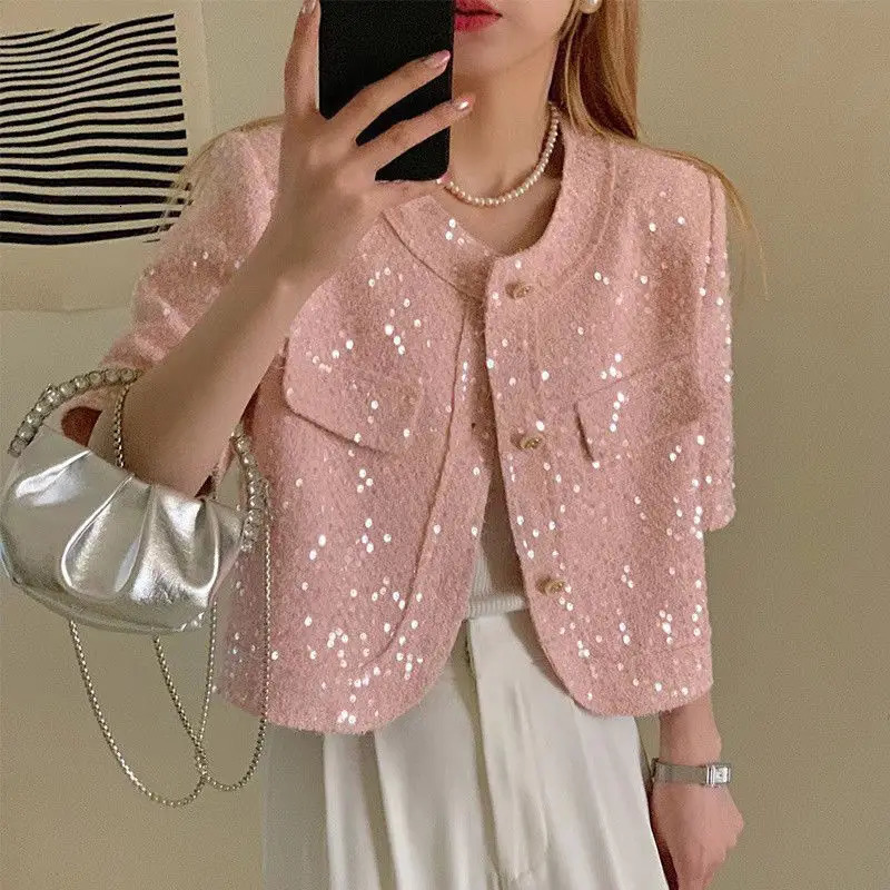 Summer high-quality Korean tweed short sleeved jacket for womens Korean fashion sequin short sleeved top 240826