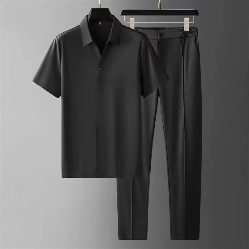 Short Sleeve t Shirt Pants Business Leisure Sports 2 Piece Set Men Tracksuit Summer Ultra Thin Smooth Ice High End Khaki Suit 240821