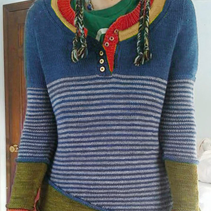 Autumn New Striped Color Blocked Knitted Sweater Womens Single Breasted Pullover Top Casual Versatile Sweater