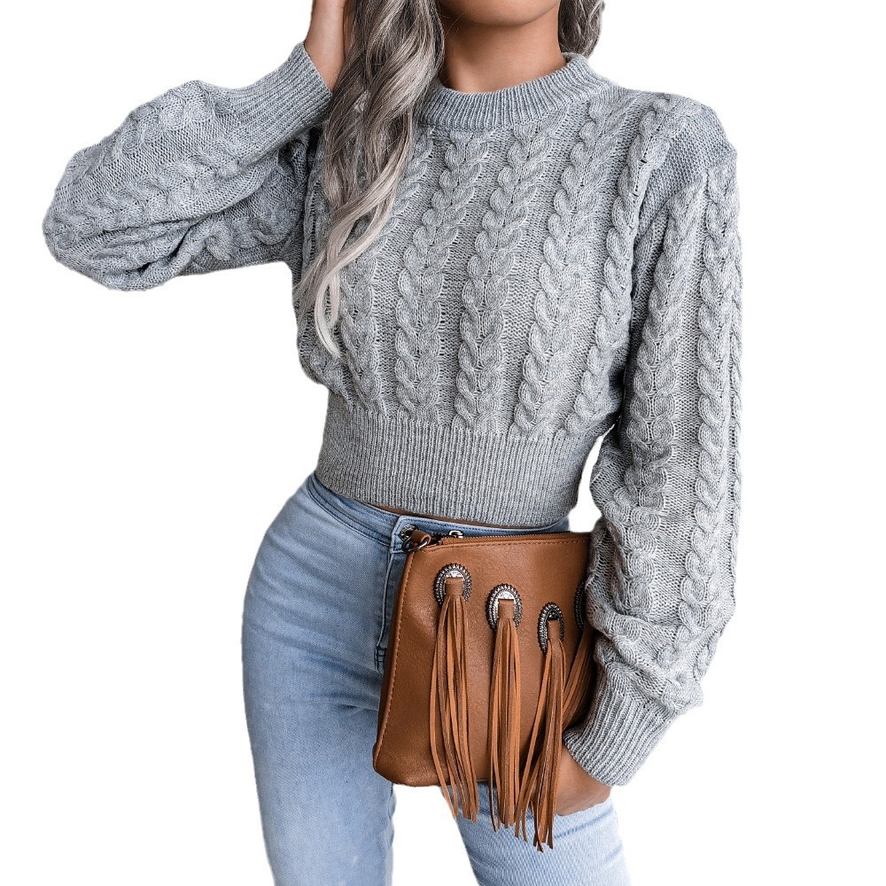 autumn and winter new women's knitted with exposed navel short style slim fit base sweater for women dongdumaoyi