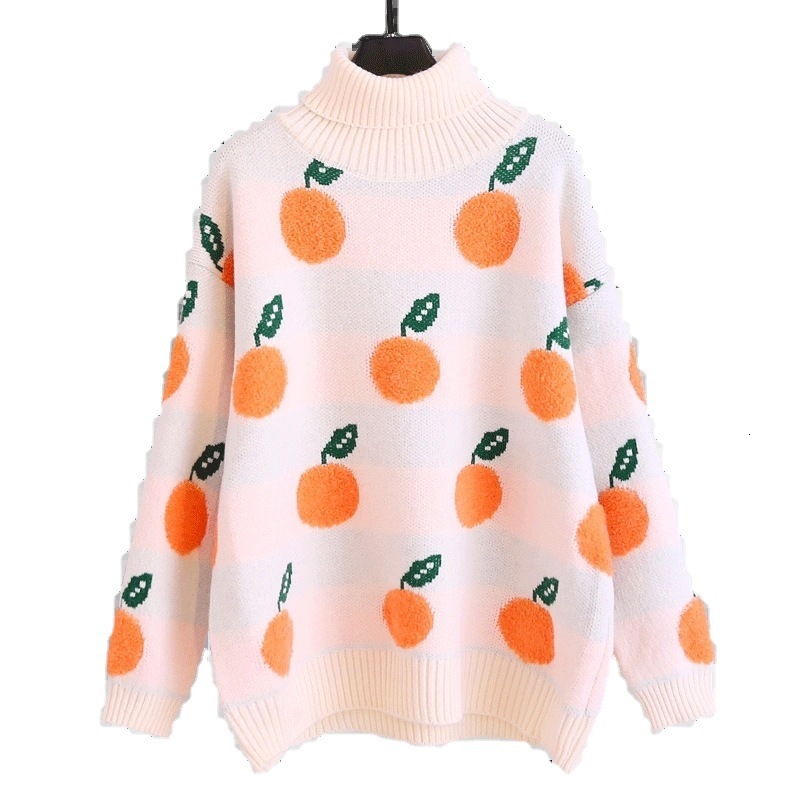 2022 autumn and winter new casual loose orange pattern high neck long sleeved knitted pullover sweater for women dongdumaoyi