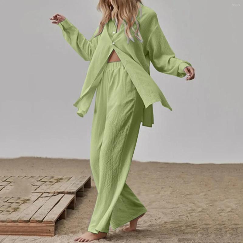 Women's Two Piece Pants Elegant Cotton En Pieces Sets Long Sleeve Shirt And High Waist Trousers Vintage Solid Suits Women Outfits