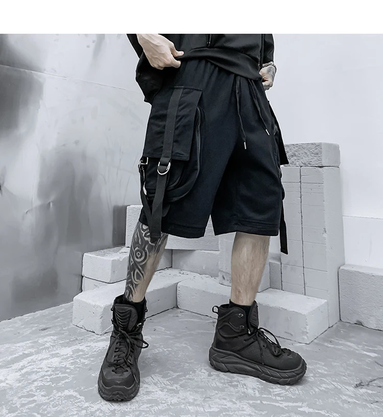 Men summer ribbons hip hop cargo shorts casual streetwear shorts mens harajuku punk short pants bermuda homme 240809