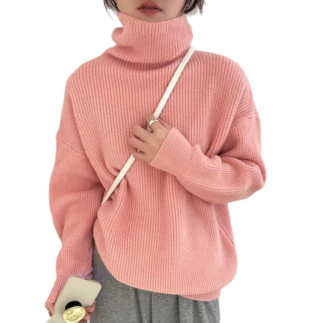 Autumn winter new soft and sticky pullover loose long sleeved solid color simple high neck lazy style knitted sweater top for women dongdumaoyi