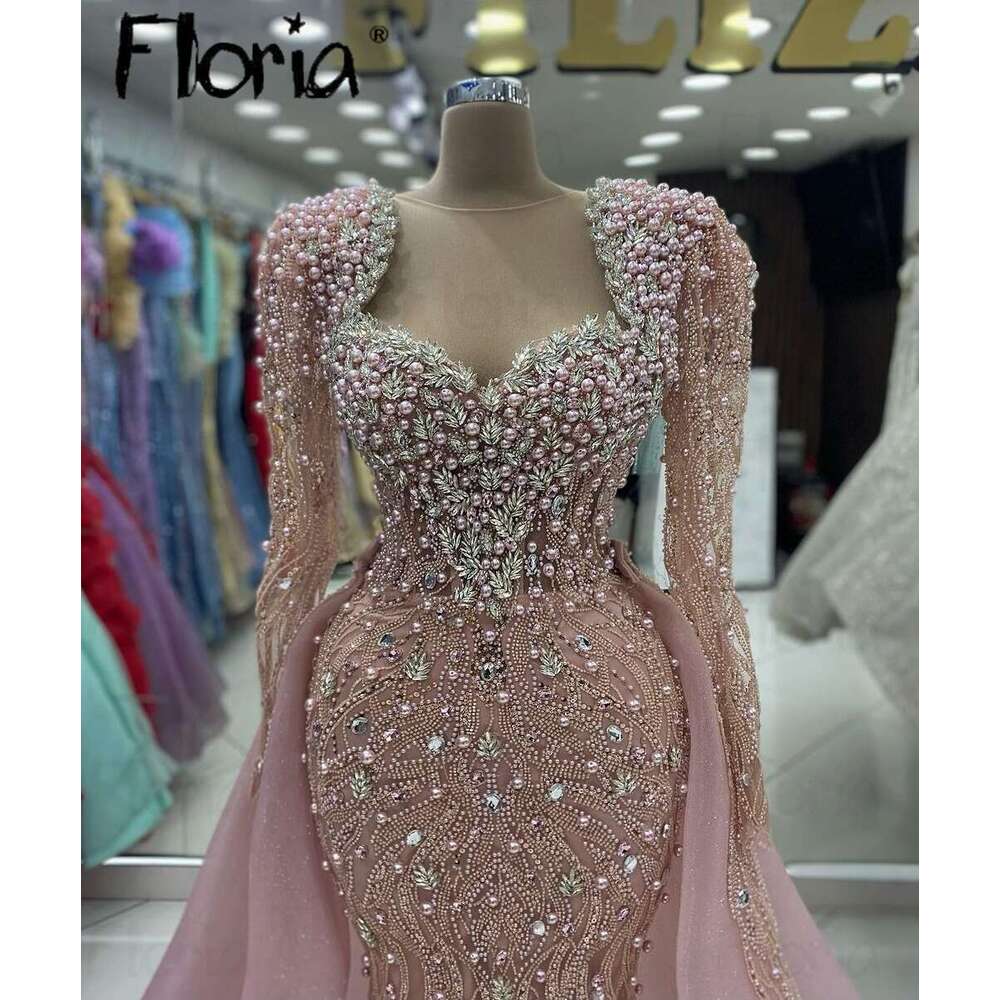 Sparkg Pink 2024 Women Evening High Back Long Sleeve Pearls Party Gowns With Overskirts Dubai Formal Prom Dress