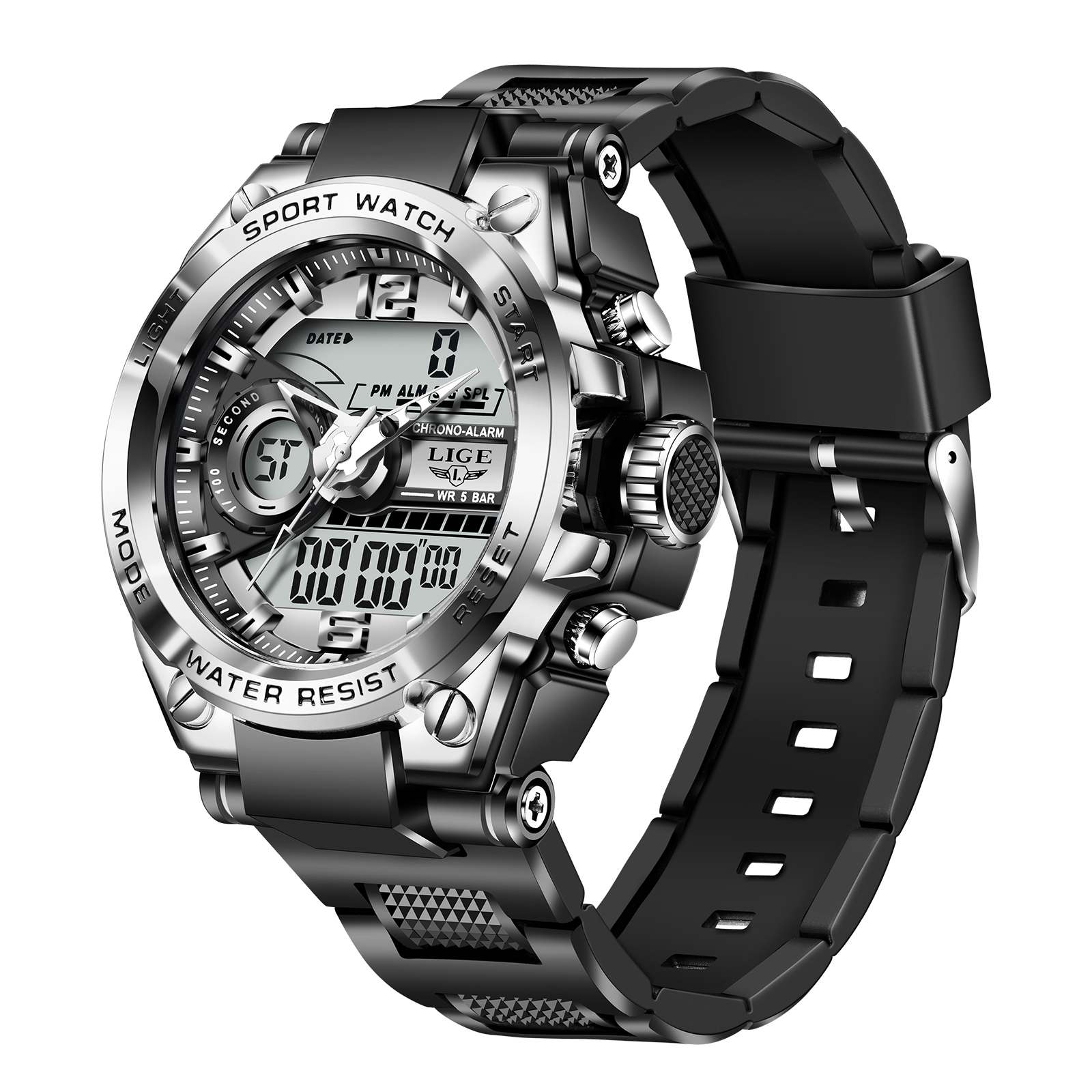 LIGE fashion new men's dual display electronic watch multifunctional waterproof night light sports timing code watch