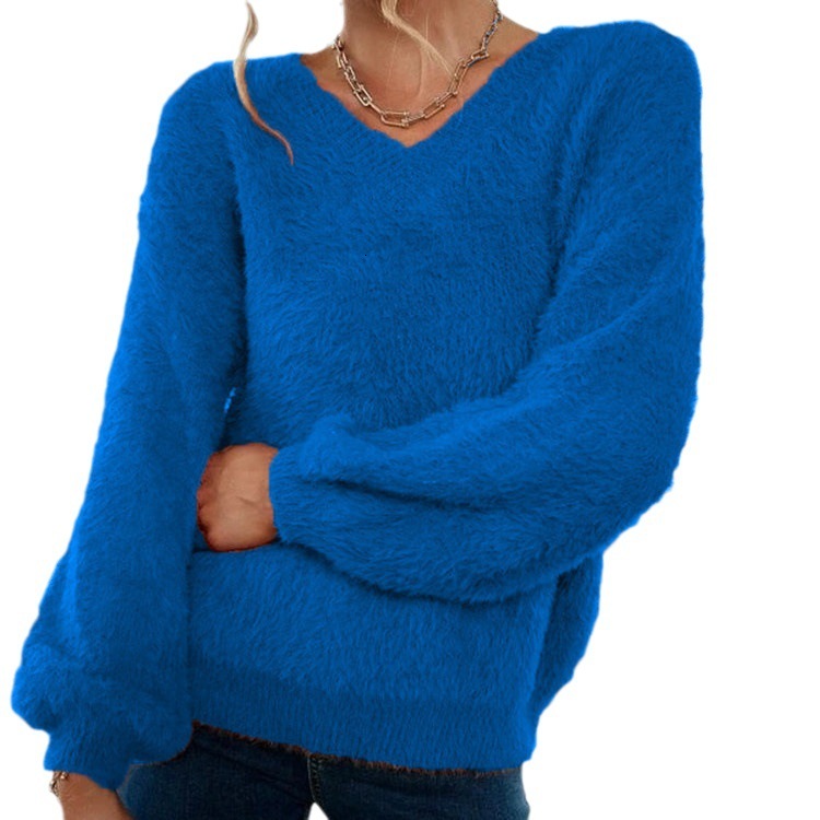 Autumn and winter slim fit pullover for women, elastic solid color, V-neck, slimming effect, imitation mink fur knit sweater 05e60 63d20