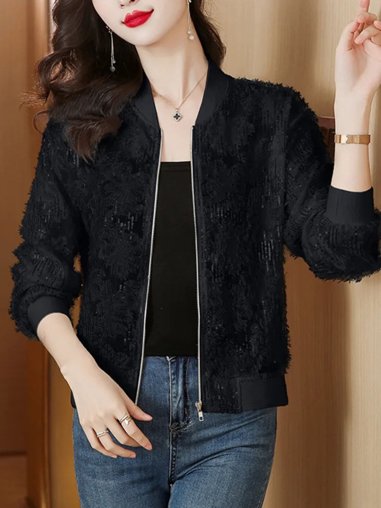 Wxw5368 black beige short baseball jacket for women thin sequin jacket for women slim fit zipper Korean style jacket for summer 240826