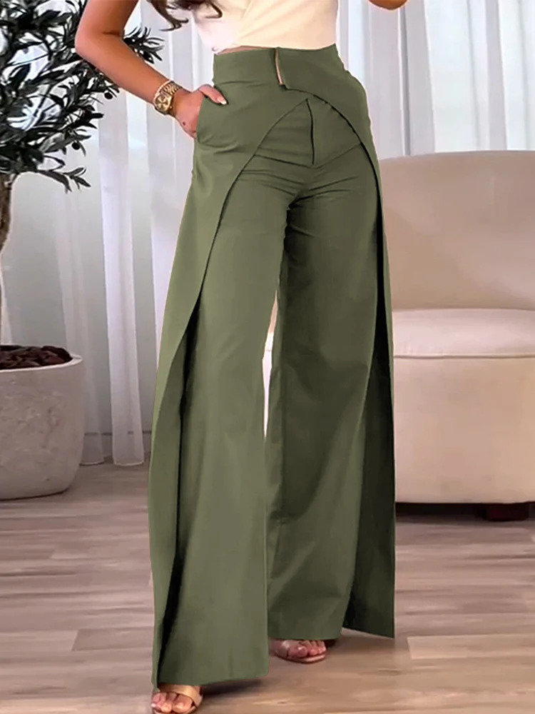 Womens Pants Fashion Womens Casual Bottom High Waist Overlap Asymmetrical Wide Leg Pants Elegant Solid Female Trouser 240809