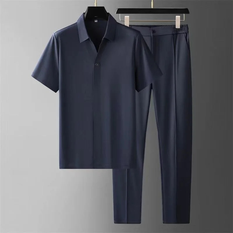 Short Sleeve t Shirt Pants Business Leisure Sports 2 Piece Set Men Tracksuit Summer Ultra Thin Smooth Ice High End Khaki Suit 240821
