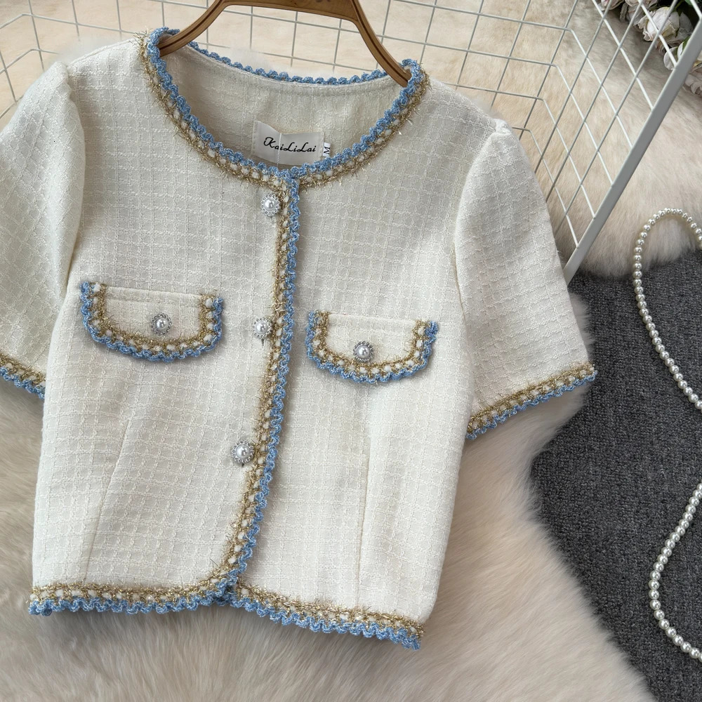 Chics Summer Unique Short Sleeve Coat Top Tweed Short Jacket For Women Summer Women Sleeveless Tweed Vest 240812