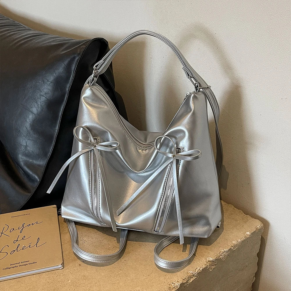 Cute Bow Underarm Bag PU Leather Trendy Crossbody Bag Solid Color Casual Daypack with Zipper Satchel Purse for Women 240809