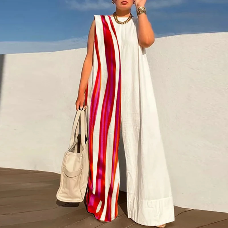 Commute Lady Sleeveless Oneck Party One Piece Romper Women Polka Dot Print Overall Chic Fashion Loose Long Jumpsuit 240808