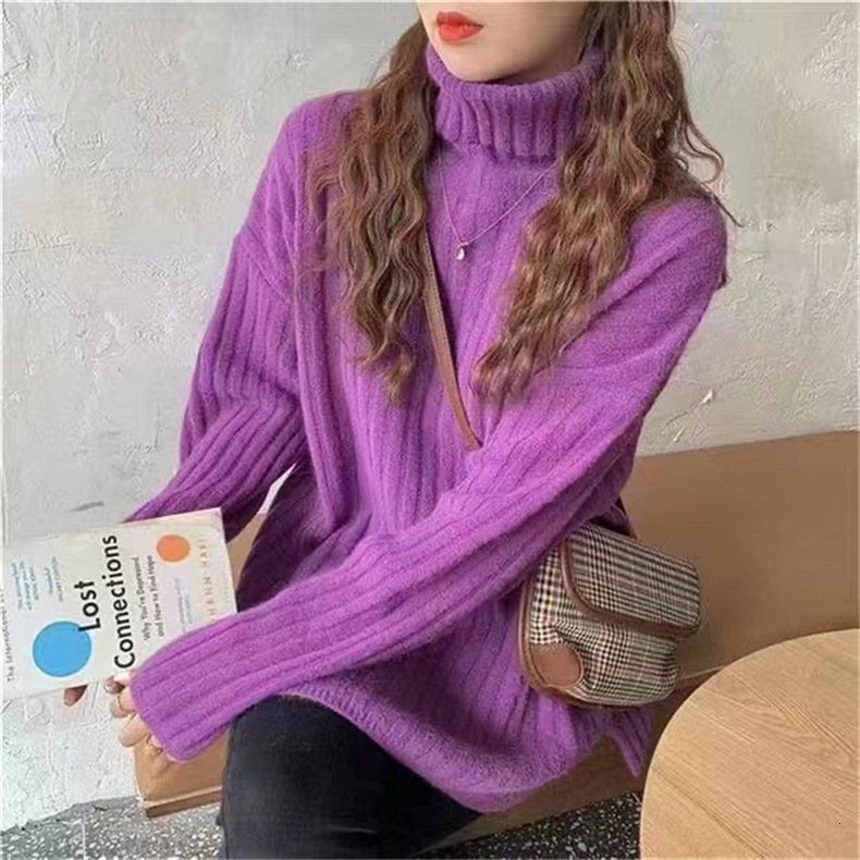Solid color outerwear, high neck knitted sweater for women's autumn and winter new loose long sleeved base top dongdumaoyi