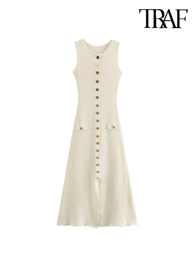TRAF Women Chic Fashion With Golden Buttons Knitted Midi Dress O Neck Sleeveless Female Dresses Vestidos Mujer 240809