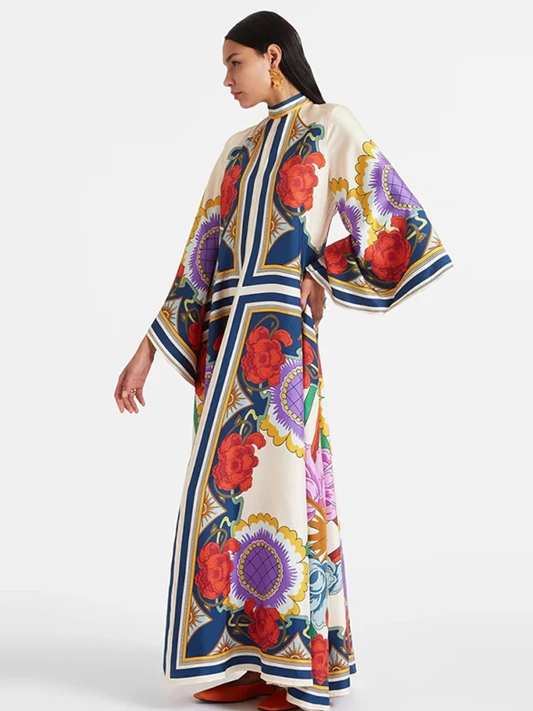 3D Print Spliced Maxi Dress Muslim Women Robes Vintage V Neck Flare Long Sleeve Summer Ladies Elegant Party Casual Dresses 240808
