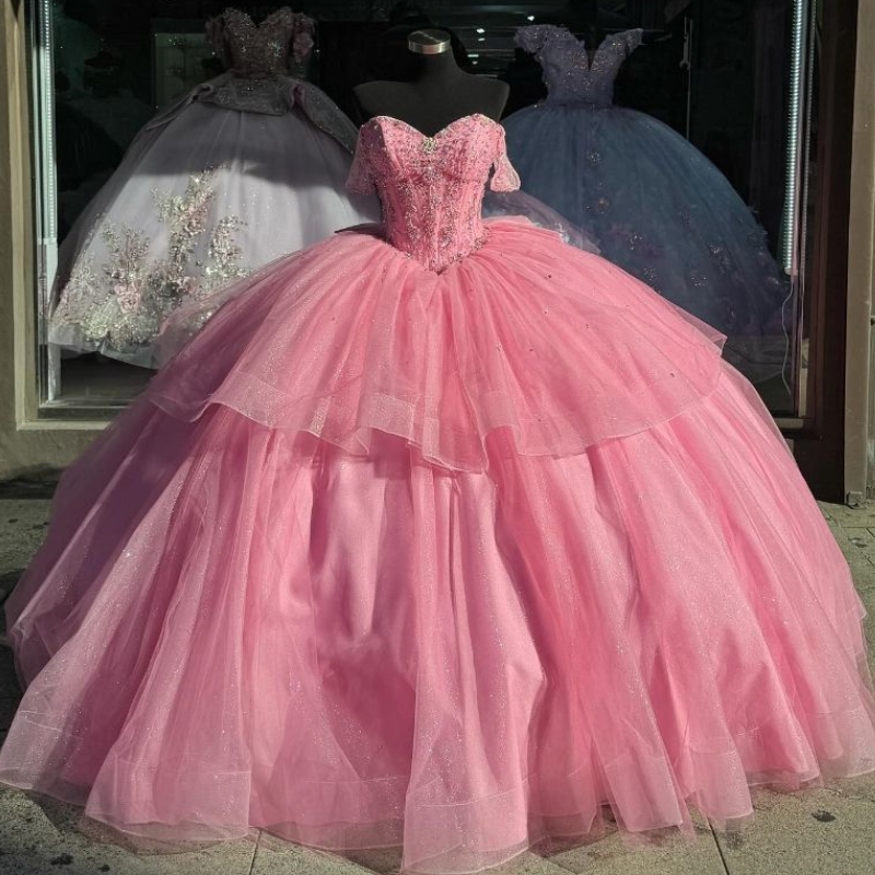 Pink Shiny Quinceanera Dresses Mexican Off the Shoulder Ball Gown Beads Crystal Bow Tull Princess Sweet 16 Vestido De 15 Anos