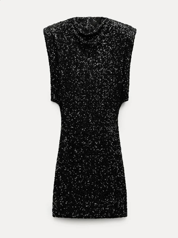 Fashion Sequin Mini Dress for Women Elegant O-Neck Fly Sleeve Shiny Short Dress Female Chic Club Evening Party Vestidos 240809