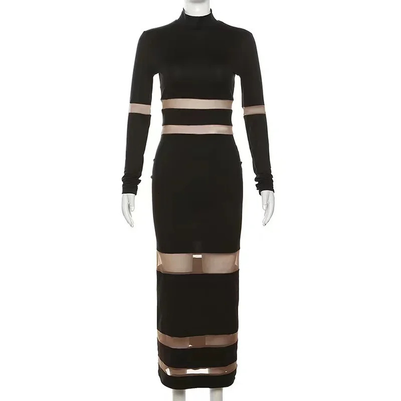 Spring Summer Women Mesh Patchwork Maxi Dress Elegant Sexy See Through Long Sleeve O-neck Robe Party Female Party Vestidos 240809