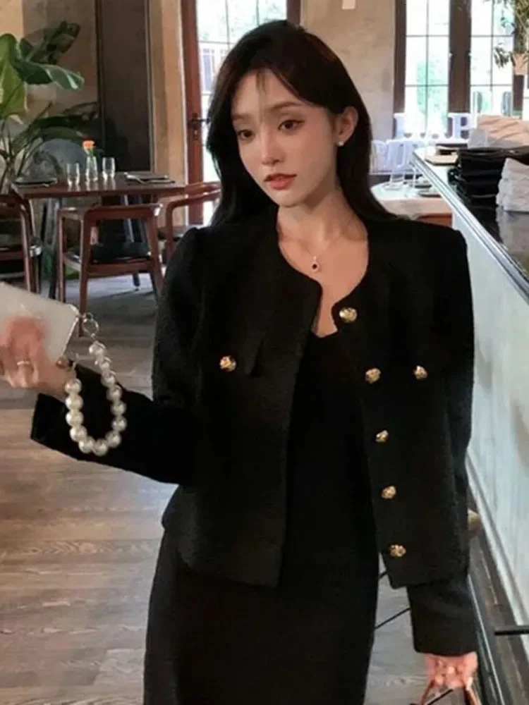Simple Solid England Tweed Jacket Women Elegant Buttons Long Sleeve Sweet Coat Casual O Neck Fashion Loose Fall Winter Top 240812