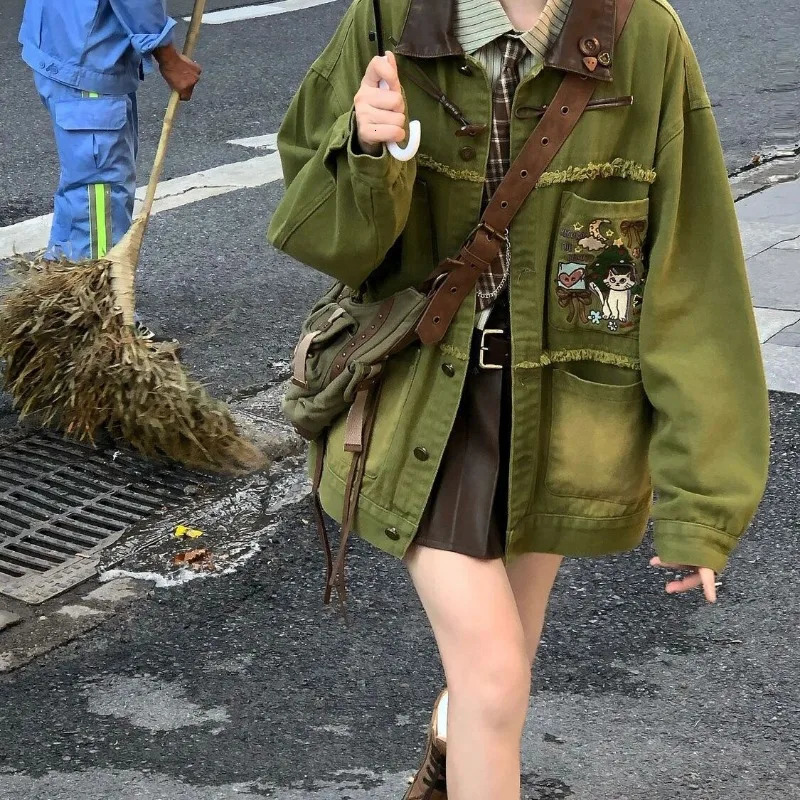 Xgoth Chic Denim Jacket American Retro Old Loose Streetweat Contrast Lapels Jackets Long Sleeve Hip Hop Coats Punk Clothes Tops 240808