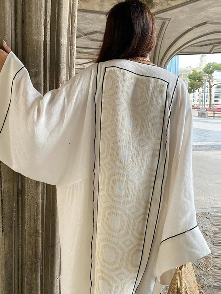 Loose Print Lace Up Maxi Dress Women Fashion White V-neck Long Sleeve Female Dresses Summer Casual Lady Contrast Dubai Robe 240808
