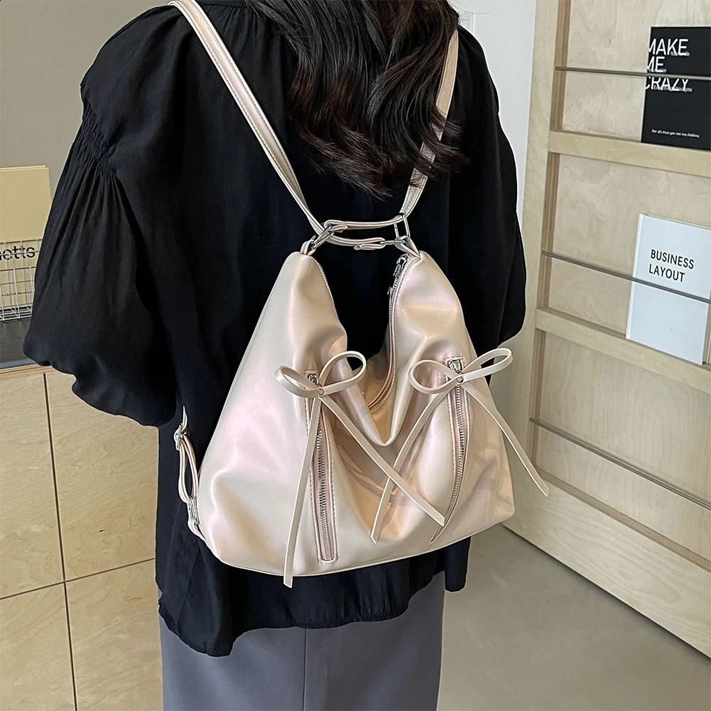 Cute Bow Underarm Bag PU Leather Trendy Crossbody Bag Solid Color Casual Daypack with Zipper Satchel Purse for Women 240809