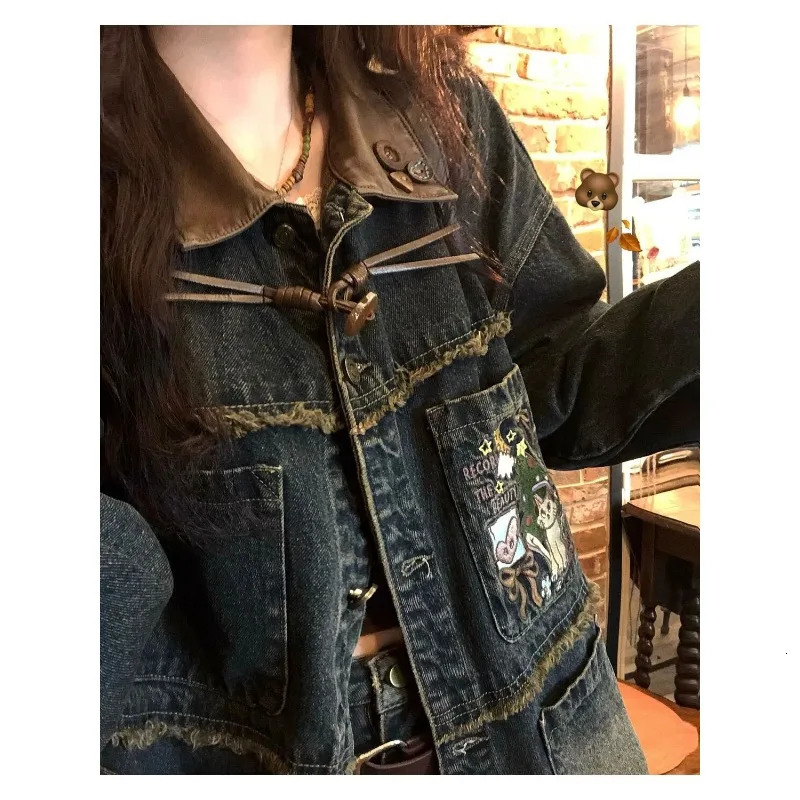 Xgoth Chic Denim Jacket American Retro Old Loose Streetweat Contrast Lapels Jackets Long Sleeve Hip Hop Coats Punk Clothes Tops 240808