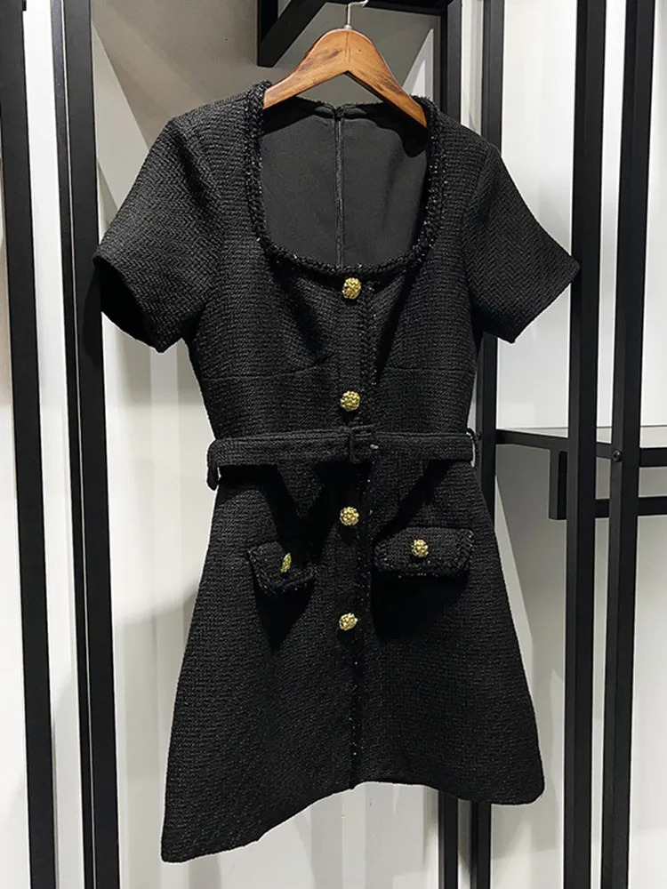 IOO Spring Women Wool Blend Dress Black Square Collar Temperament Short Sleeve Single Breasted Female Mini Robe with Sashes 240809