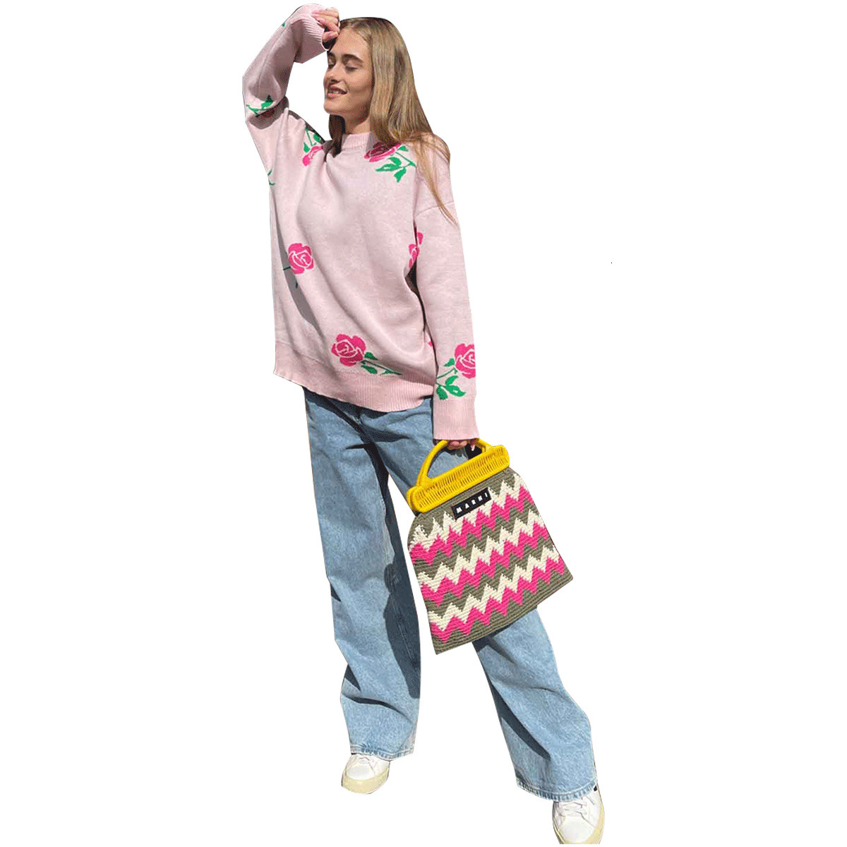 Round Neck Rose Print Sweater Knitted Sweater Autumn and Winter New Versatile Loose Pullover Sweater for Women