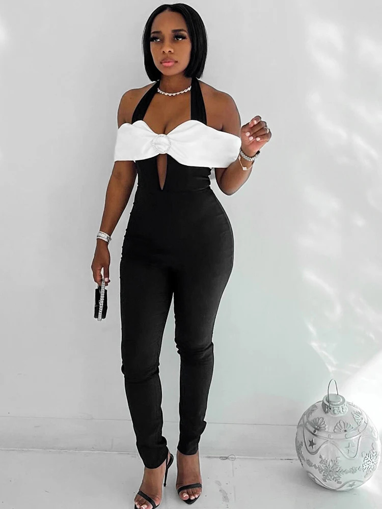 Weird Puss Halter Jumpsuit Women Patchwork Sleeveless Slash Neck Hollow Fitness Activity Elegant Party Clubwear Workout Overalls 240808