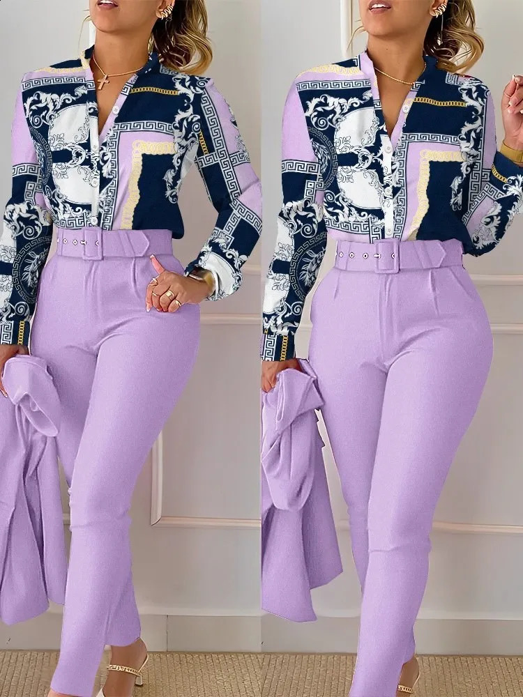 Elegant Women Printed Two Piece Suit Sets Spring Autumn V Neck Long Sleeve Shirt Top Long Pants Set With Belt Workwear Outfits 240814