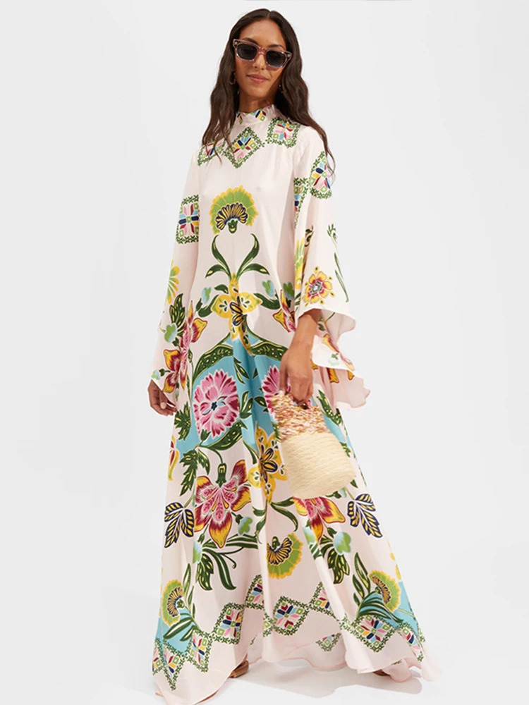 3D Print Spliced Maxi Dress Muslim Women Robes Vintage V Neck Flare Long Sleeve Summer Ladies Elegant Party Casual Dresses 240808