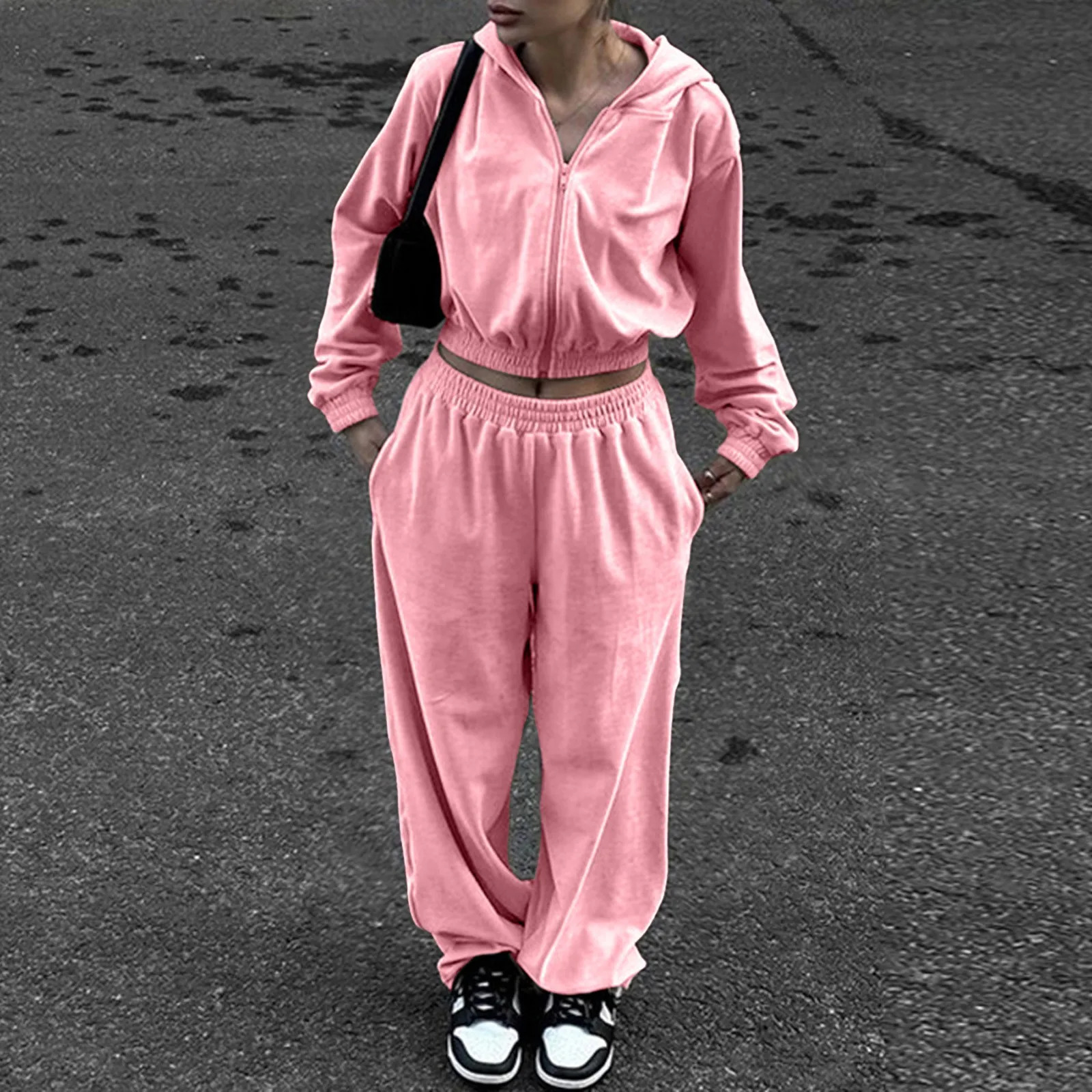 Womens Autumn Winter Casual Longsleeved Hoodie Sports Suit Solid Color Zipper Short Jacket Belted Tracuit Lady Twece Set