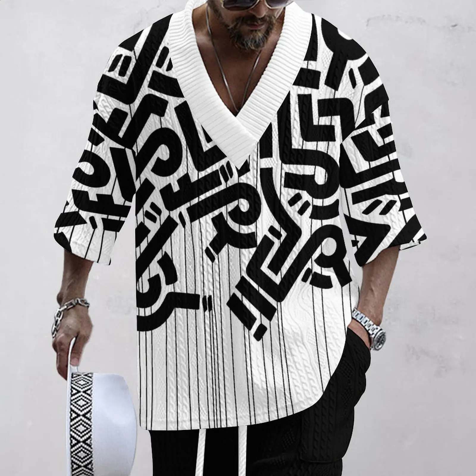 2024 Summer 3D Printed Loose Size Casual Style Plus Vneck Knitted Mens Tshirt Two Piece Set y240809