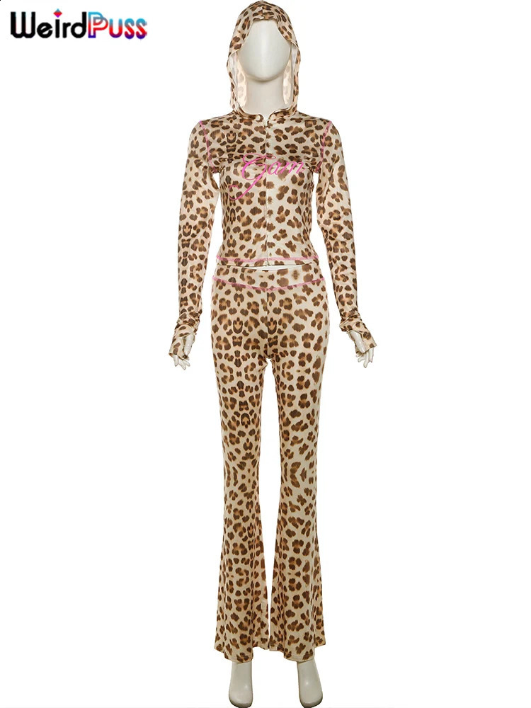 Weird Puss Leopard Letter Print 2 Piece Set Women Tracksuit Sporty Casual Hooded Crop JacketFlare Pants Stretch Matching Suits 240809