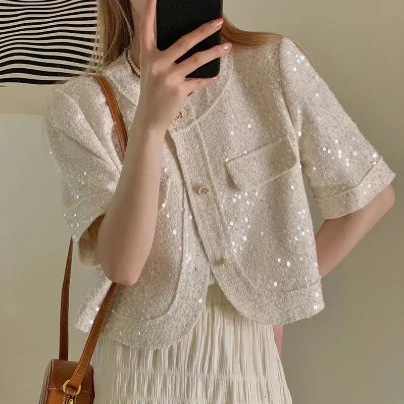 Summer high-quality Korean tweed short sleeved jacket for womens Korean fashion sequin short sleeved top 240826