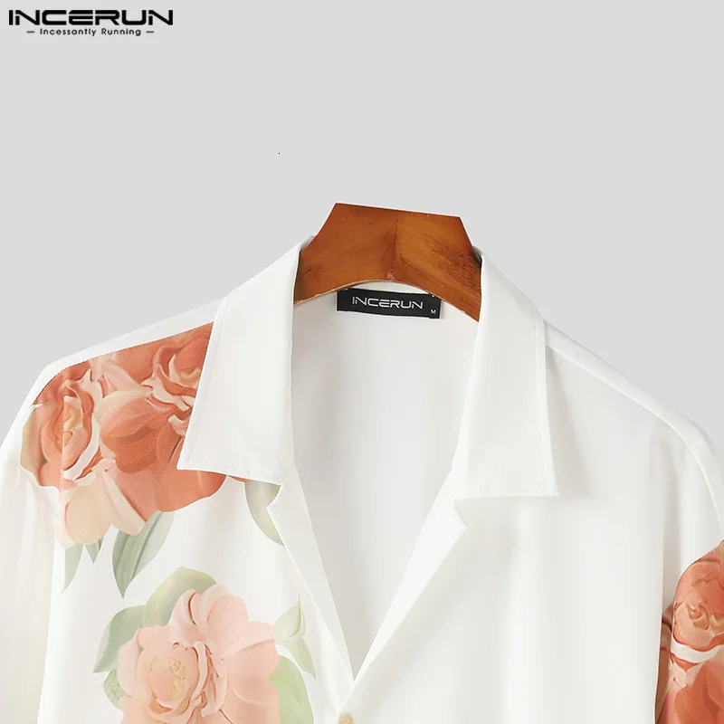 Mens floral shirt printed collar long sleeved button loose mens clothing streetwear casual S5XL INCERUN 240808