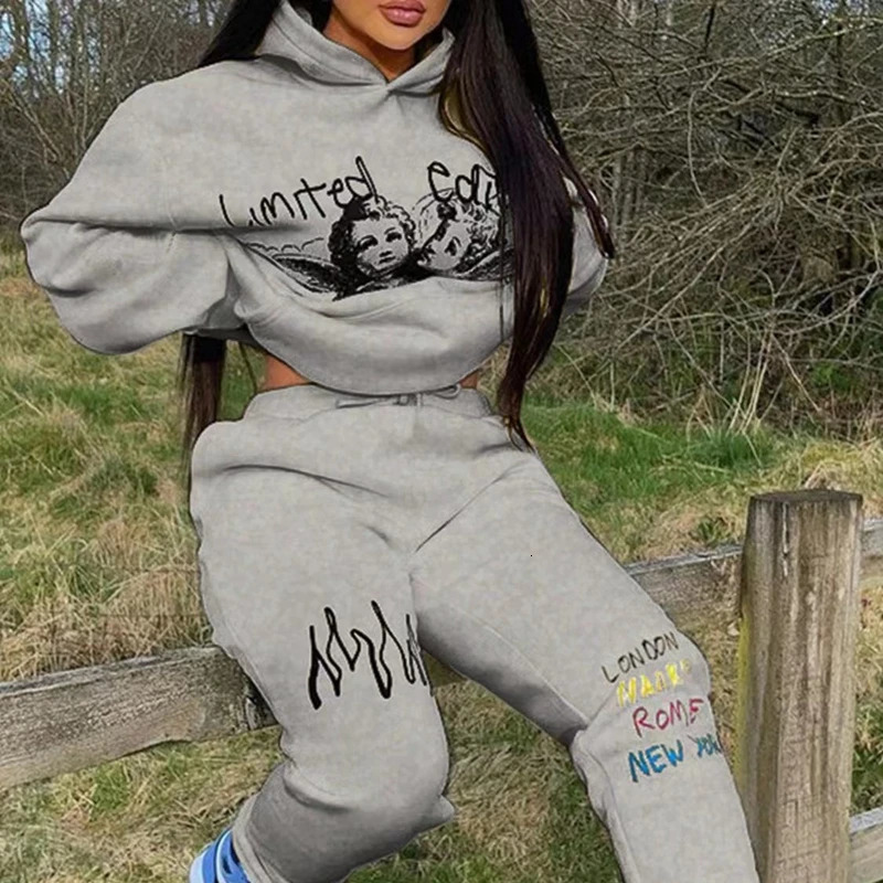 Hoodies Set Woman Pants 2 Pieces Joggers Tracksuit Long Sleeve Sweatshirt Sweatpant Printed Loose Suit Fall Outfits Sportswear 240808