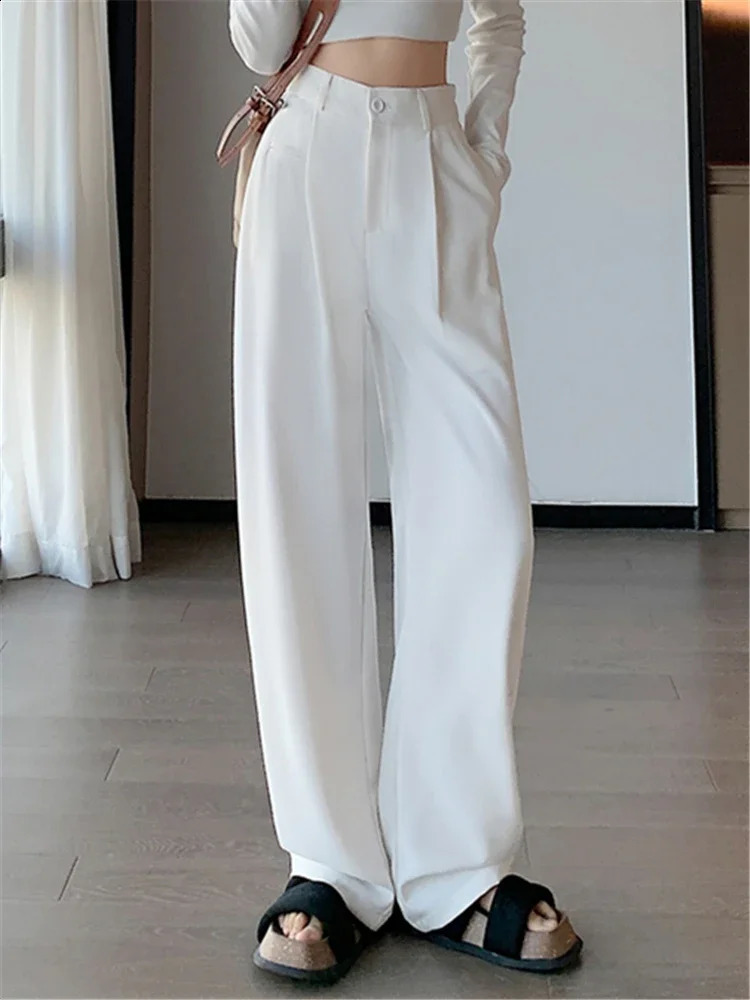 Spring Summer High Waist Suit Wide Leg Womens Pants Buttons Female Elegant Minimalism Straight Loose Trousers 240809