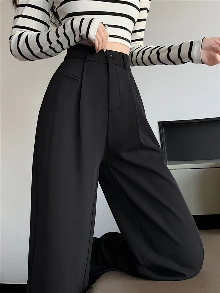 Spring Summer High Waist Suit Wide Leg Womens Pants Buttons Female Elegant Minimalism Straight Loose Trousers 240809