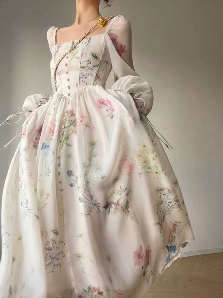 French Vinatge Evening Party Long Dresses for Women Floral A-line Princess Dress Lantern Sleeve Spring Summer Prom Robe Vestidos 240809