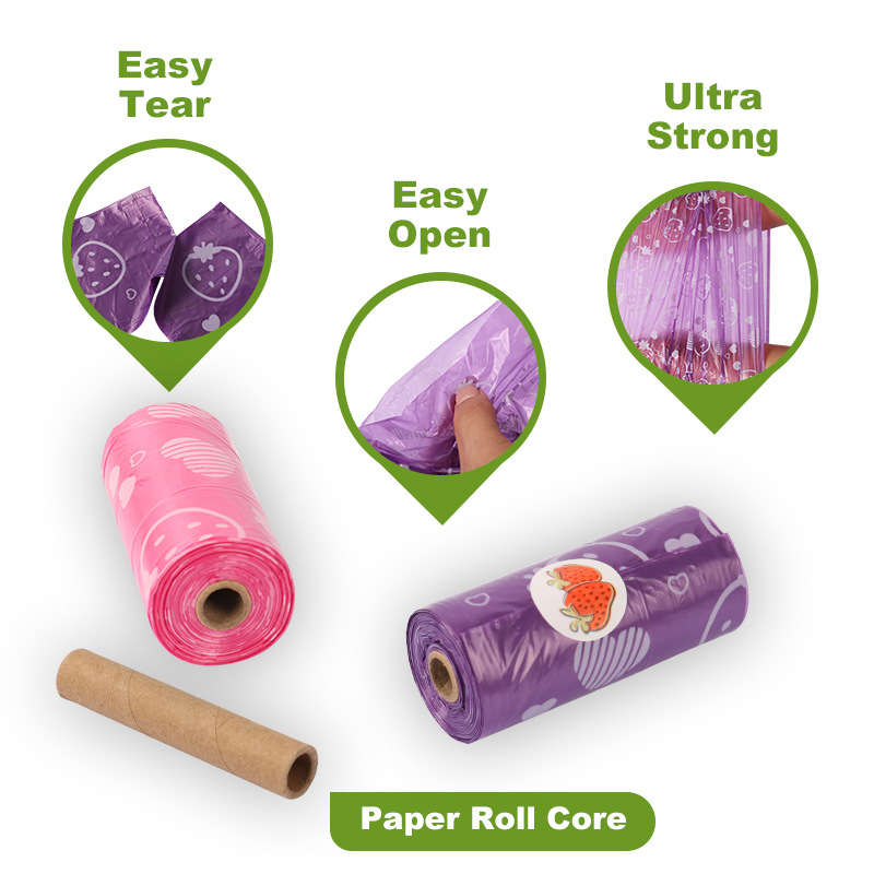 Cute Dog Pet Poop Bags Strawberry Bone Footprint Pattern Trash Poopbags 15pcs/Roll Puppy Biodegradable Leak-Proof Waste Garbage For Doggy Cats Outdoor