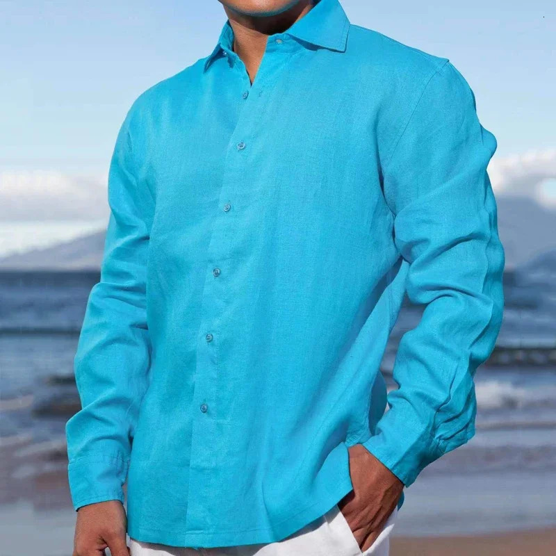 Autumn Cotton Linen Shirts For Men Casual Long sleeved Shirts Blouses Solid Turn-Down Collar Formal Beach Shirts Male Clothing 240808